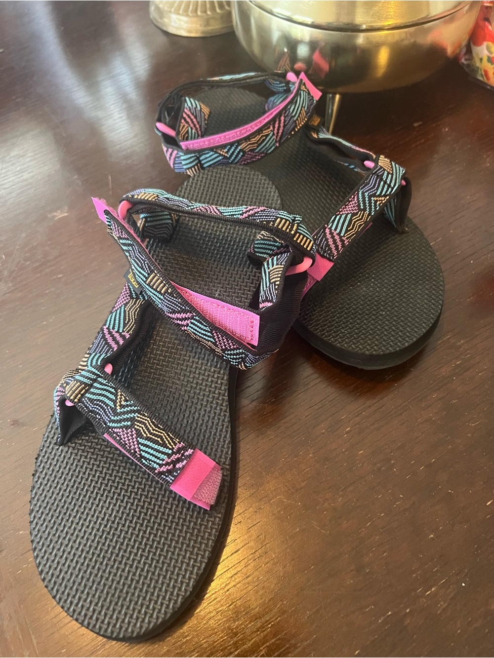Teva Black Sandals with Pink and Multicolor Woven Straps